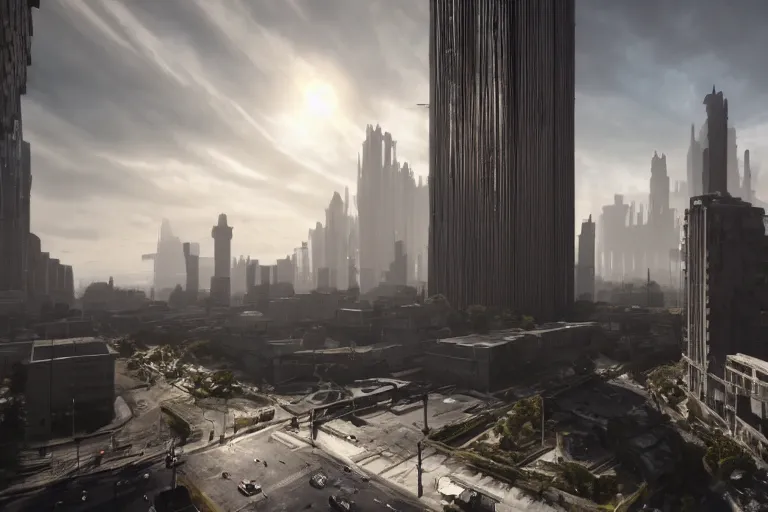 Image similar to streetscape, a towering cathedral of brutalist architecture, buildings covered with greebles, stunning volumetric light, sunset, metal, concrete and translucent material, stunning skies, majestic landscape, trending on Artstation, 8k, photorealistic, hyper detailed, unreal engine 5, IMAX quality, cinematic, epic lighting, in the style of Greg Rutkowski