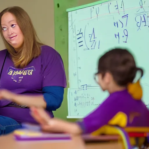 Prompt: Thanos explaining math to children in a school, 40nm, shallow depth of field, split lighting, 4k,