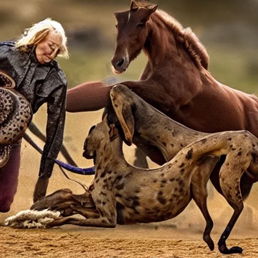 Image similar to National Geographic photo of horse full of octopus being eaten by African hunting dogs