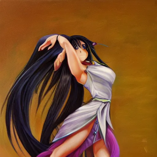 Image similar to oil painting of a long hair anime lady ELF dancing in the moonlight l Trending on Pixiv