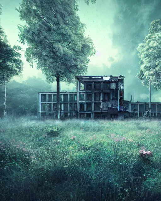 Image similar to a beautiful photorealistic illustration of city unfinished building abandoned establishment by odile decq, darkacademia infrared cyberpunk at dawn anime forest reclaimed by nature lake meadow myst retrowave flowers lightpaint hyperrealism nature thermal imaging, archdaily, wallpaper, highly detailed, trending on artstation.