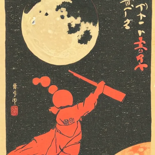 Image similar to japanese woodblock print of the moon landings