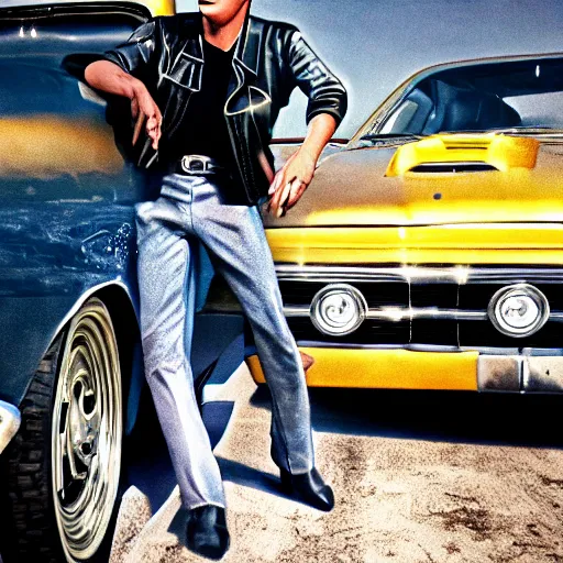 Prompt: elvis leaning on a vintage ford capri. film still. 4 k hd image, trending on artstation, featured on behance, well rendered, extra crisp, features intricate detail, epic composition and the style of quintin tarantino.