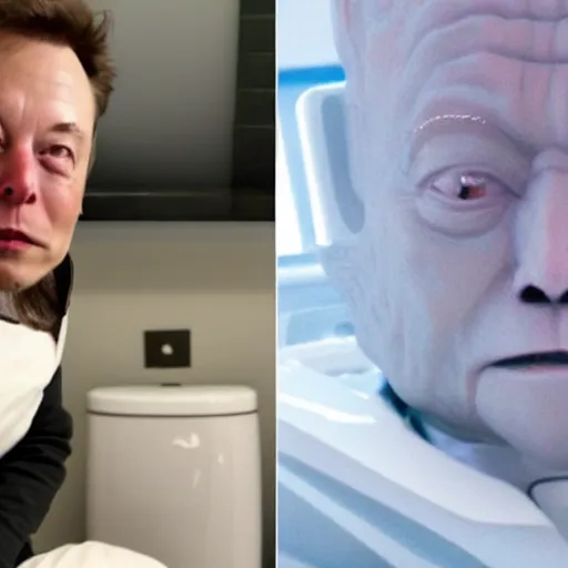 Prompt: elon musk sitting on toilet, but elon musk is yoda seat