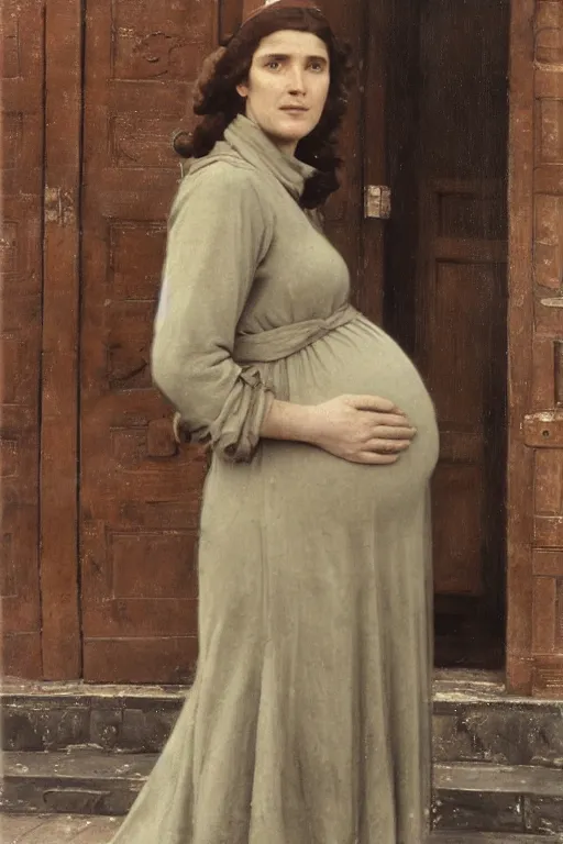 Image similar to full-length portrait of a pregnant woman on the street of besieged Leningrad, historically reliable photo chronicle, winter 1941, ultra detailed digital art, octane render, 4K, dystopian, by john william waterhouse and Edwin Longsden Long and Theodore Ralli and Nasreddine Dinet