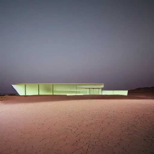 Image similar to concrete structure in the desert at night, neon lights, minimalist architecture, james turrel,