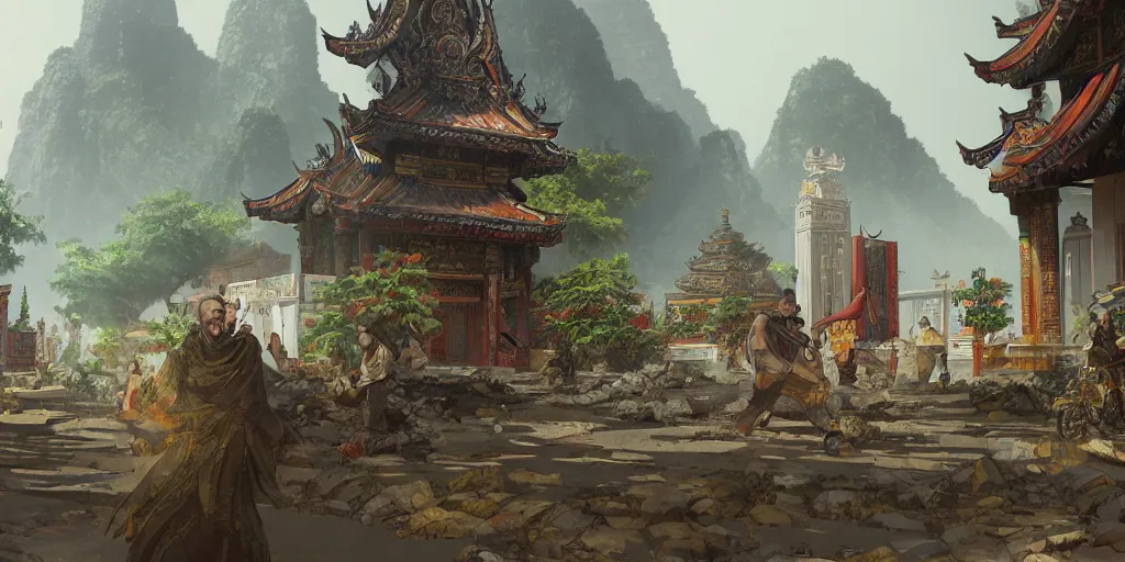 Image similar to vietnamese temple scene, side scroller, 2 d game art background, sharp, detailed, intricate, game level design, cinematic lighting, ultrarealistic, photorealistic, trending on artstation, in the style of yoji shinkawa and greg rutkowski and federico pelat and wlop and karol bak and bouguereau and santiago caruso