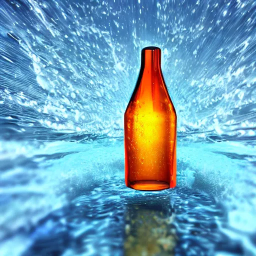 Prompt: surreal 3 d art of a human head in a bottle, on the ocean water, futuristic, glowing, hyper realistic, ray tracing, realistic water splashes, sharp focus, long shot, 8 k resolution, cinematic, photoshop art