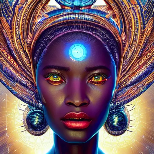 Image similar to highly detailed portrait of an african neon egyptian goddess, intricate alien technology, stephen bliss, unreal engine, fantasy art by greg rutkowski, loish, rhads, ferdinand knab, makoto shinkai and lois van baarle, ilya kuvshinov, rossdraws, tom bagshaw, global illumination, radiant light, detailed and intricate environment