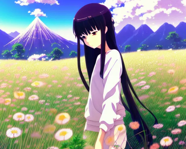 Image similar to beautiful anime girl with long black hair and bangs, wearing a white sweater, fine details portrait, a field of flowers and mountains in background, bokeh. anime masterpiece by Studio Ghibli. illustration, sharp high-quality anime illustration in style of Ghibli, Ilya Kuvshinov, Artgerm