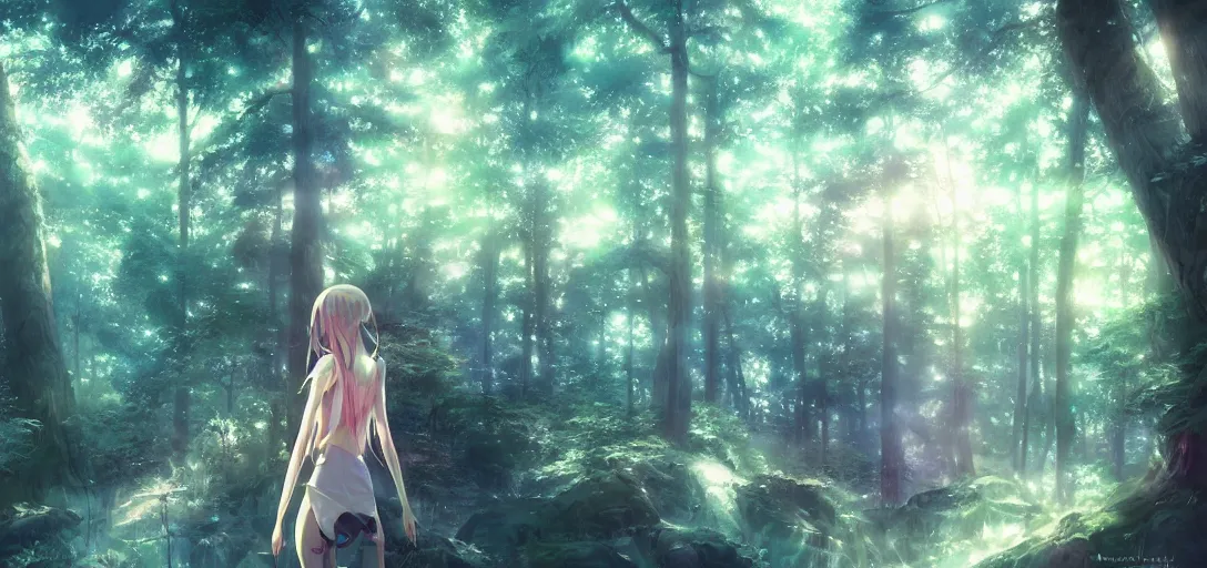 Image similar to anime forest, magical, mythical, ethereal, hyper realistic, straight lines 8k hdr pixiv dslr photo by Makoto Shinkai ilya kuvshinov and Wojtek Fus, digital art, concept art,