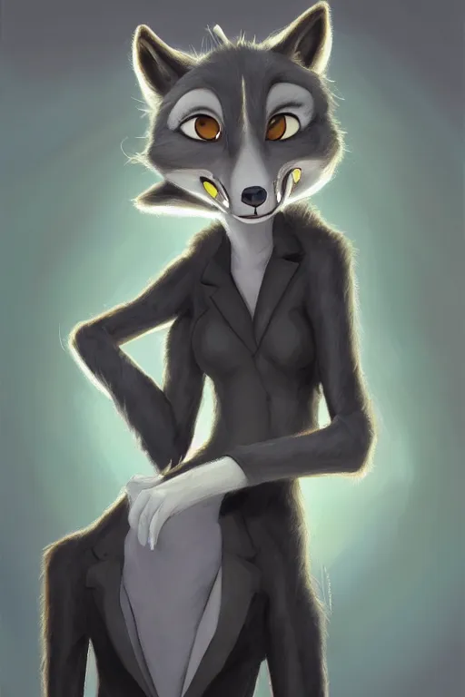 Prompt: oil painting of anthromorphic female wolf, in style of cory loftis, female fursona, furry, furaffinity, 4 k, deviantart, furry art, fursona art, wearing black business suit, business suit, in style of zootopia, wolf fursona, cyberpunk, female, female wolf face, very expressive detailed feminine face,