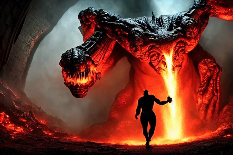 Image similar to hulking balrog approaching from the far end of a great hall in moria, style of h. r. giger, realistic movie still, cinematic, cgi,