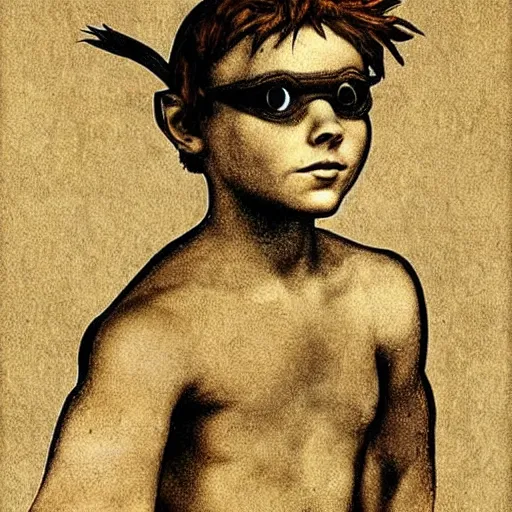 Prompt: Peter pan with mystic powers wearing steampunk goggles by Leonardo DaVinci