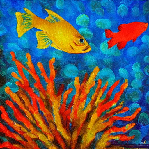 Image similar to fish, coral, impressionism painting