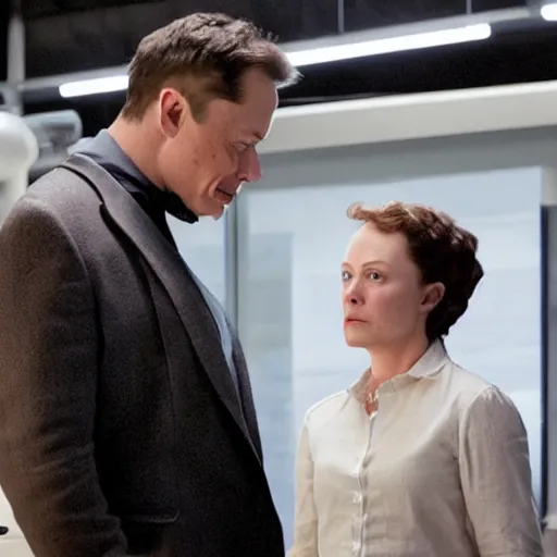 Image similar to Elon Musk standing over Delores from Westworld being created