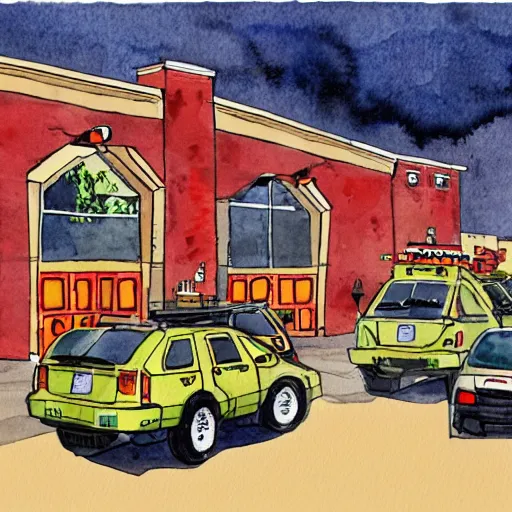 Image similar to dinosaurs at a fire station, watercolor illustration