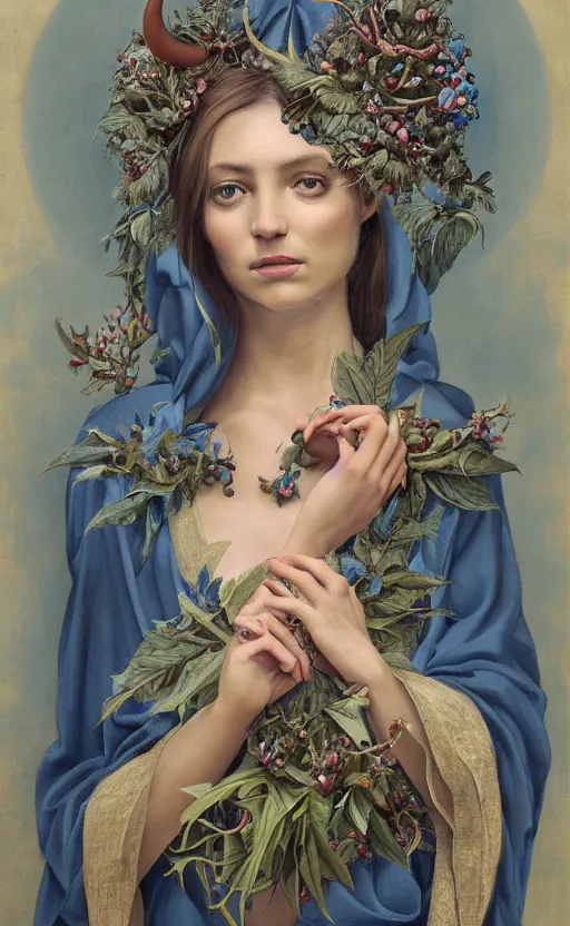 Prompt: a painting of a woman in plain blue robes, hands in lap with scroll, lunar crescent, horned diadem, large cross on chest, palm leaves, pomegranates, a surrealist painting by marco mazzoni, peter mohrbacher, cgsociety, neo - figurative, detailed painting, rococo, oil on canvas, biomorphic, lovecraftian