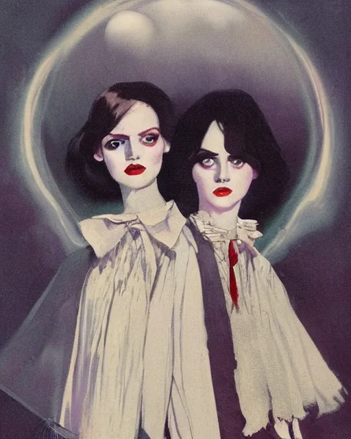 Prompt: a beautiful and eerie vintage pulp illustration of two beautiful but creepy siblings wearing vivienne westwood collars in layers of fear, with haunted eyes and dark hair, 1 9 7 0 s, seventies, wallpaper, a little blood, morning light showing injuries, delicate embellishments, painterly, offset printing technique, by brom, robert henri, walter popp