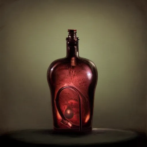 Prompt: a painting of a steampunk burgundy potion bottle in a dark dusty vintage science lab, by h. r. giger, hyperrealistic fantasy art, concept matte, ethereal, dreamy, digital art, trending on artstation, volumetric cinematic lighting