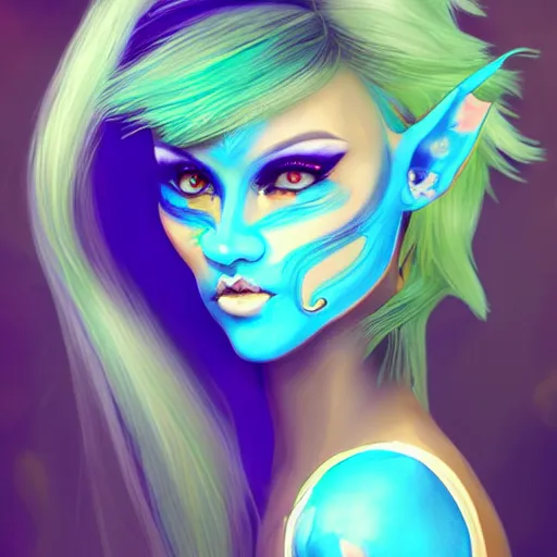 Prompt: Elf with blue skin, blue elf, blue, blue-skinned elf, green hair, glam hair, 80s hair, glam make-up, 80s, illustration, fantasy art, trending on ArtStation, 1980s fantasy art