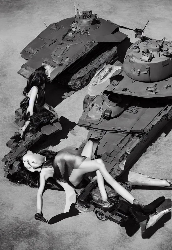 Prompt: gorgeous chinese model, elegant shiny reflective party dress, languishing lays down prone at the front of a military tank at dusk, fashion photography by steven meisel, geometric intervention, cubism