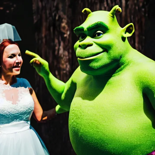 Image similar to Shrek-themed wedding, 8K ultra realistic photography, Shrek, award winning wedding photography, ultra HD