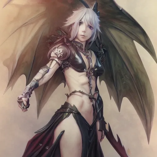 Prompt: Final Fantasy Bahamut Gajinka as a small human girl , highly detailed, digital pencil painting, anime, cartoonish, hybrid human / dragon, monster girl, sharp focus, illustration, art by artgerm and greg rutkowski and alphonse mucha