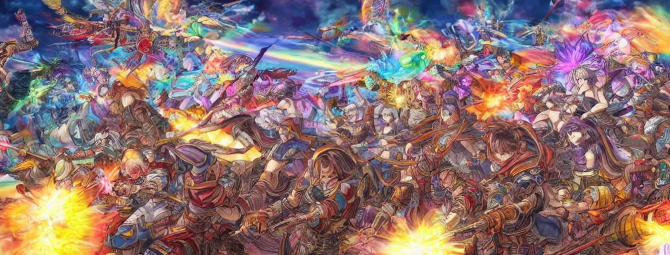 Image similar to rainbow souls fighting on a battlefield with spirit power flying around. hyperrealistic anime background illustration by kim jung gi, colorful, extremely detailed intricate linework, smooth, super sharp focus, bright colors, high contrast, matte, octopath traveler, unreal engine 5 highly rendered, global illumination, radiant light