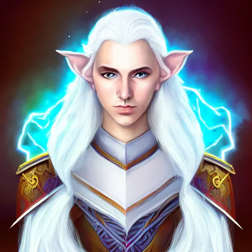 Image similar to Beautiful white haired aged fair skinned scholar elf with spell scroll and lightning background, full body, symmetrical, realism, digital painting, detailed artwork, portrait, mythical, artstation