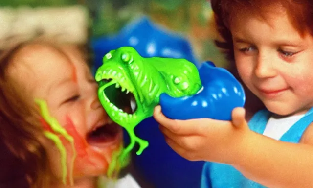 Image similar to kid playing with slime monster, realistic, toy commercial photo, highly detailed, photo from the 80s