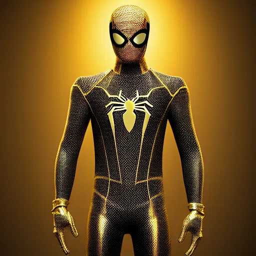 Image similar to gold spider - man suit with black web lining, cinematic, volumetric lighting, realistic, hyperdetailed, photorealistic, photograph