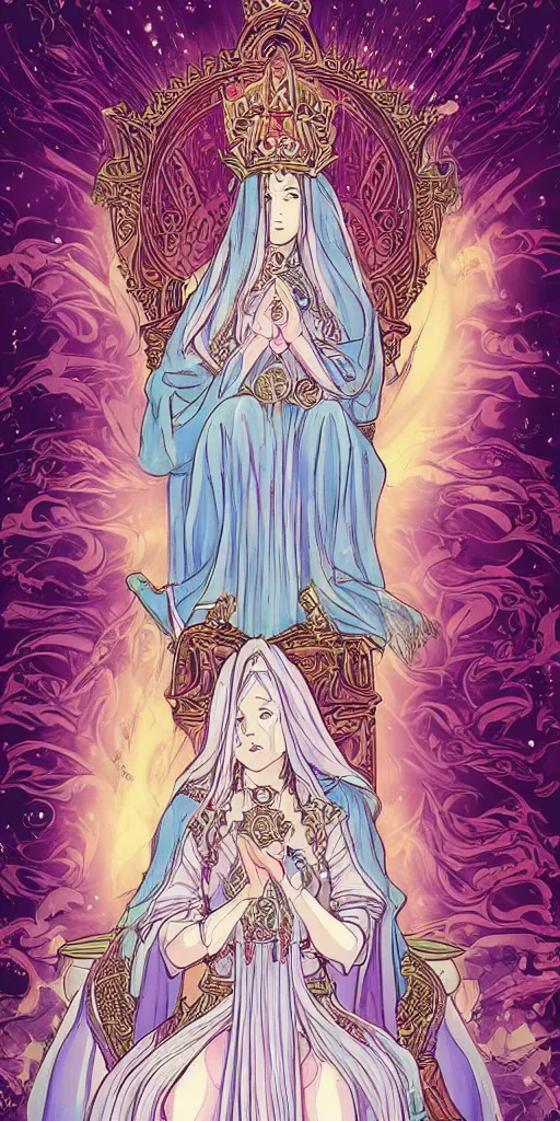 Image similar to a mystical woman priestess sitting on a throne, the divine feminine, drawn by studio UFOTABLE, fine line work, pastel colors, Tarot cards