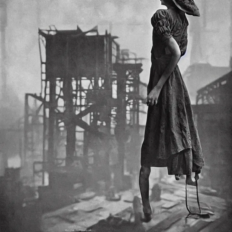 Image similar to famous photography Lewis Hine’s famous image Cotton Mill Girl, 1908,symmetrical, centered, dramatic angle, ornate, details, smooth, sharp focus, illustration, realistic, cinematic, artstation, award winning, rgb , unreal engine, octane render, cinematic light, macro, depth of field, blur, red light and clouds from the back, 8K