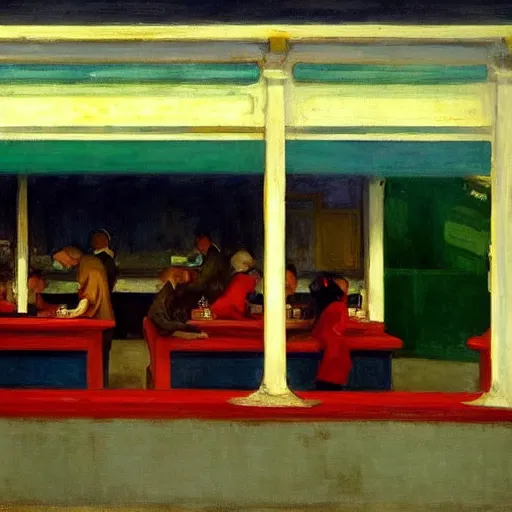 Image similar to A hawker centre painted by Edward Hopper