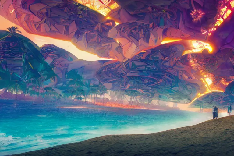 Prompt: futuristic hawaiian megapolis on waiʻanapanapa state park black beach of maui during interstellar crystalized fractal kaleidoscope glass sky, blazing fire tornadoes, lush sakura, advanced civilization, high tech spaceships, by peter mohrbacher, james jean, james gilleard, greg rutkowski, rule of thirds, octane render, beautiful