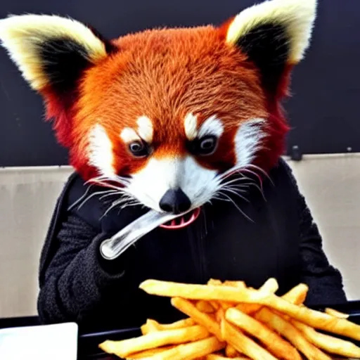 Image similar to a photo of a red panda dressed like Darth Vader eating french fries