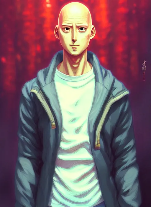 Image similar to handsome saitama, half body shot, path traced, environment, highly detailed, high quality, digital painting, alena aenami, lilia alvarado, shinji aramaki, karol bak, alphonse mucha, tom bagshaw