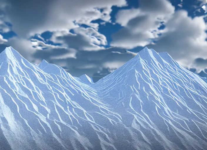 Prompt: snow caped mountains against deep blue sky, terragen render