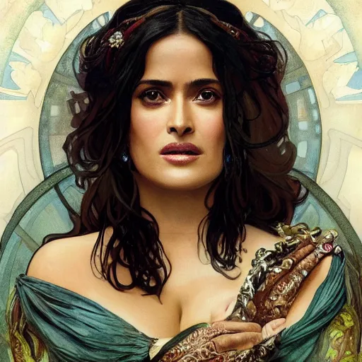 Image similar to salma hayek portrait by alfons mucha, playful, fantasy, medieval, beautiful face, vivid colrs, elegant, concept art, sharp focus, digital art, hyper - realistic, 4 k, unreal engine, highly detailed, hd, dramatic lighting by brom, trending on artstation