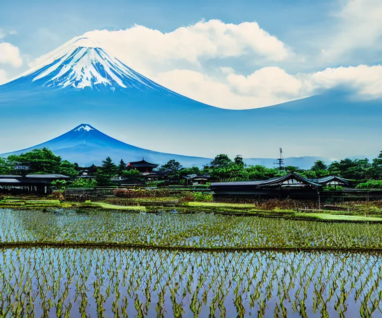 Prompt: a photo of mount fuji, japanese landscape, rice paddies, beautiful sky, seen from a window of a train.