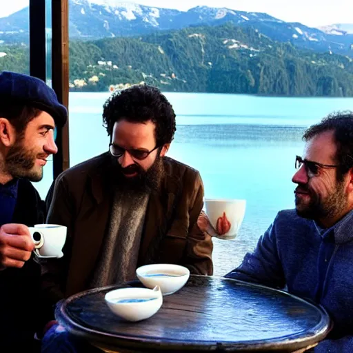 Prompt: a christian, a jew and a muslim drinking tea on a cafe terrace in italy with lake view, peaceful, ultra realistic, award winning,