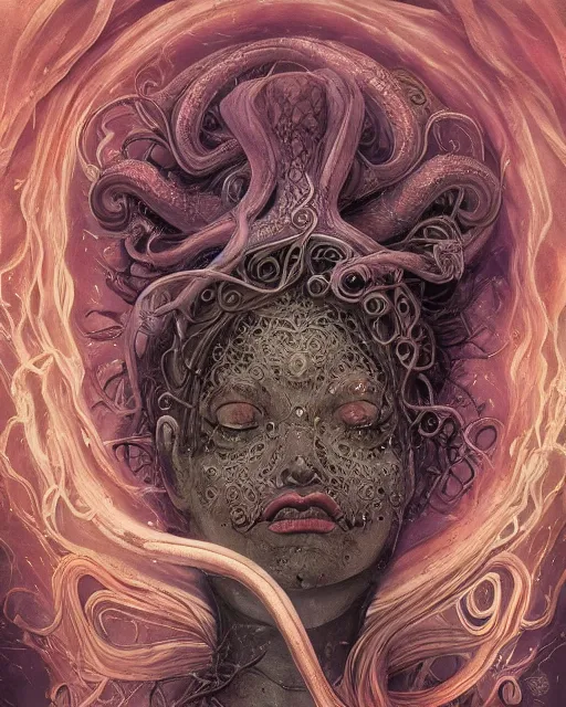 Image similar to centered beautiful detailed front view portrait of a woman with ornate tentacles growing around, ornamentation, flowers, elegant, beautifully soft lit, full frame, by wayne barlowe, peter mohrbacher, kelly mckernan, h r giger