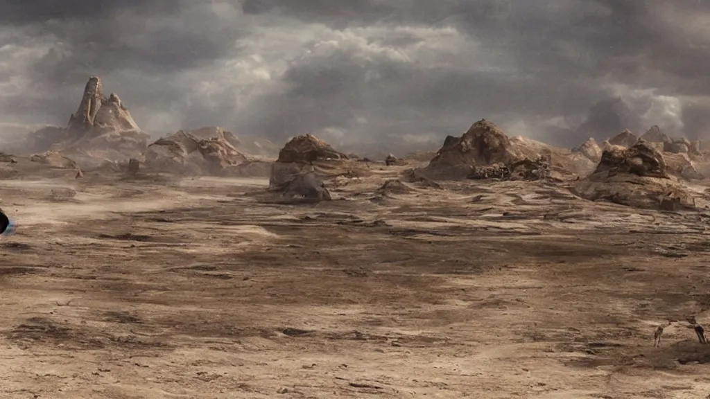 Prompt: aliens arriving dune, film still from the movie directed by Denis Villeneuve with art direction, rain, wide angle, dust, detailed, 4K