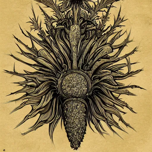 Image similar to squalid thistle putrid crown, in the style of adi granov, dramatic, tragic, intricate, detailed, beautiful, 8 k resolution