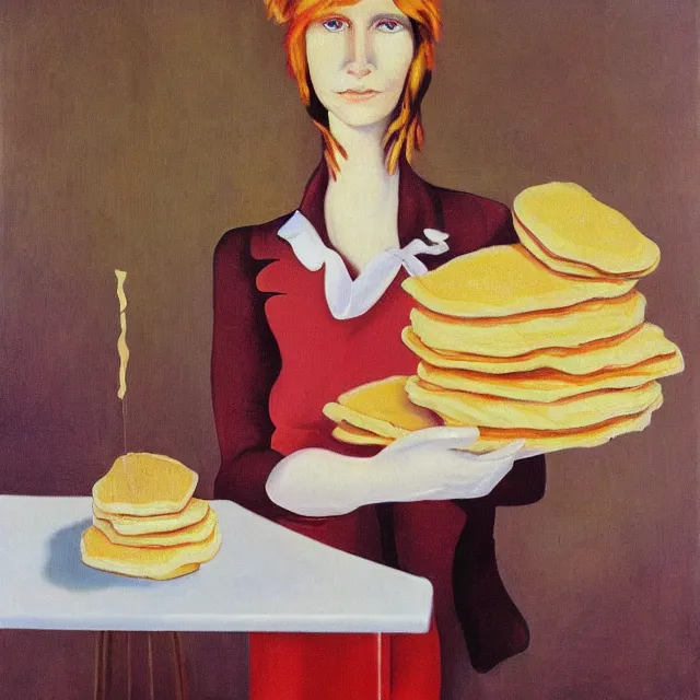 Prompt: tall emo female artist holding pancakes, in chippendale sydney, gold bars, maple syrup, snails, berries, pigs, octopus, witch's broomstick, acrylic on canvas, surrealist, by magritte and monet