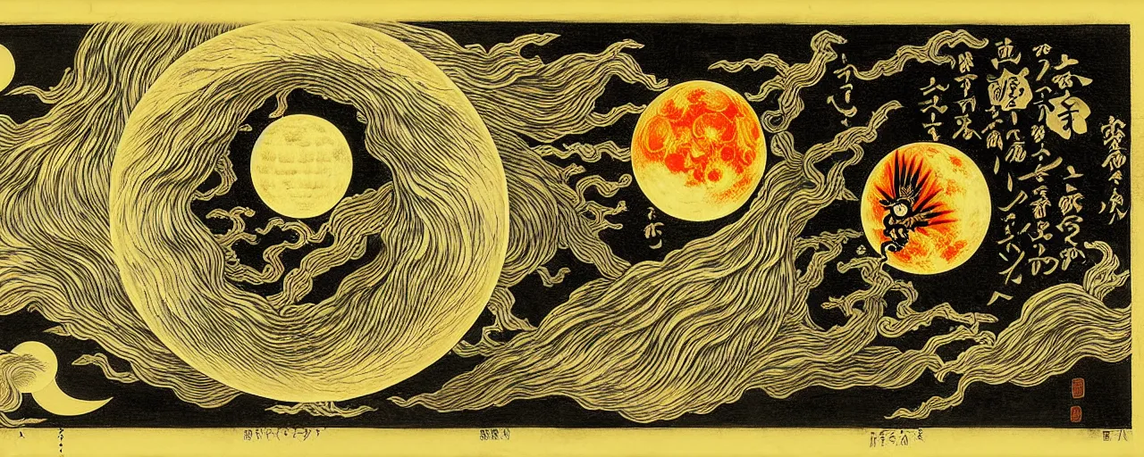 Image similar to a fiery yokai radiates a unique canto'as above so below'to the moon, while being ignited by the spirit of haeckel and robert fludd, breakthrough is iminent, glory be to the magic within, in honor of saturn, painted by ronny khalil