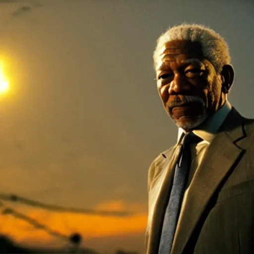 Prompt: a film still of Morgan Freeman as Hitman (2007), favela, sunset