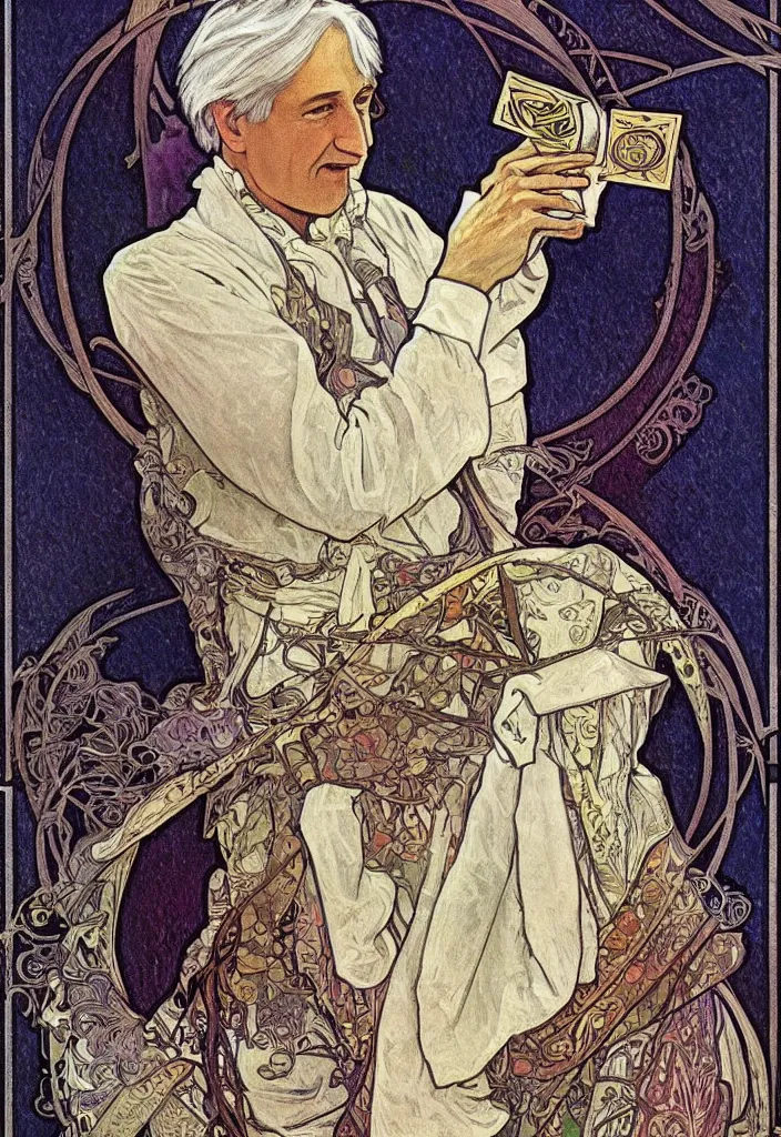 Image similar to realistic white - haired geoffrey hinton on a tarot card, tarot in art style by alphonse mucha