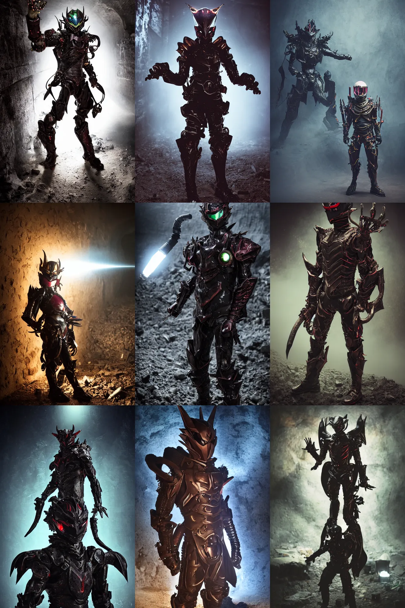 Prompt: high fantasy demonic draconic gunslinger kamen rider standing in an abandoned coal mine at night doing a henshin pose, glowing eyes in helmet, glowing eyes, dirty walls, broken pipes, muted colors, tense atmosphere, mist floats in the air, cinematic values, sharp focus, 8 k, rubber suit, pvc armor, dramatic lighting, frank frazetta